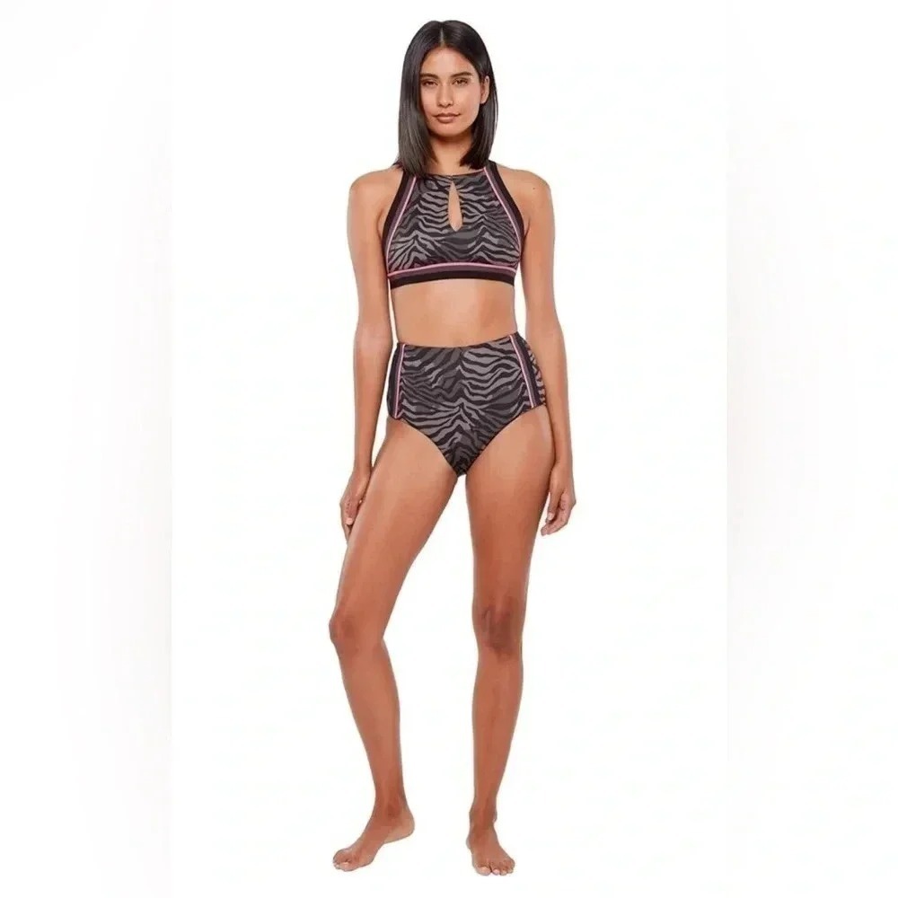 Sanctuary Zebra Print High Neck Bikini Set High Waisted Swimsuit Black Pink M